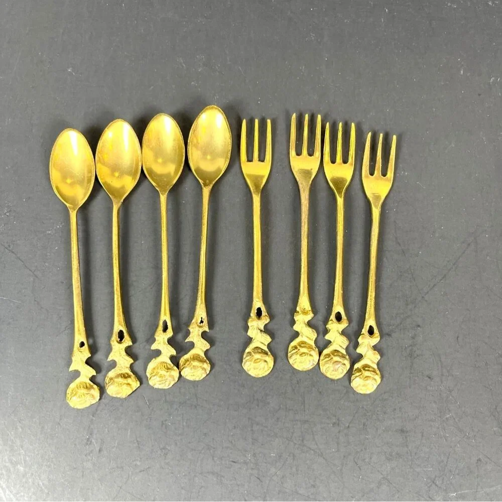 Brass Demitasse Coffee Spoon Dessert Salad Fork Gold Tone Rose Handle Set 4 VTG - Picture 13 of 13